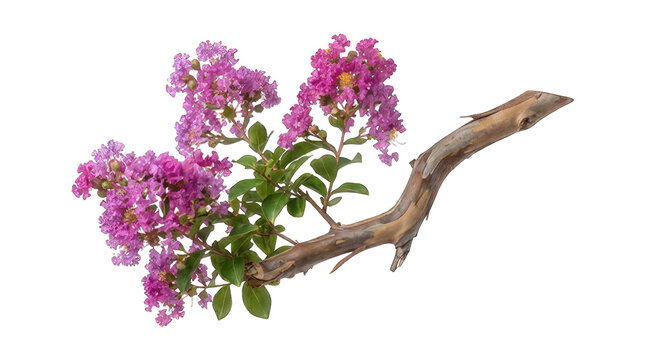 A high quality isolated branch of blooming purple crape myrtle flowers presented as a transparent png file for design
