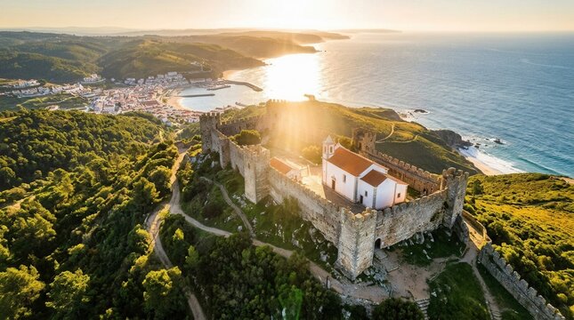 Aerial drone photography of the Castle of Sesimbra, a historic national monument in the Setubal district, Portugal.