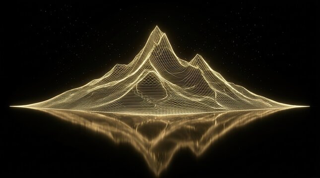 Gold abstract mountain landscape with reflection on a deep black background