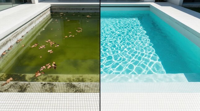 Cleaned swimming pool results shown in a before and after comparison of a neglected pool.