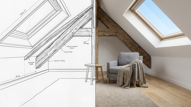 Attic room transformation featuring a side-by-side architectural sketch and finished modern interior.