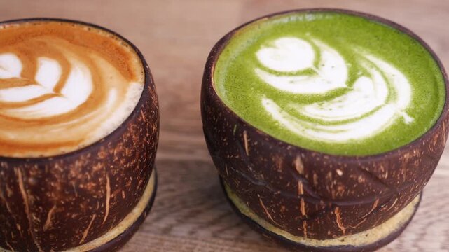 Close-up cinematic shot of two delicious coffee lattes served in decorative coconut shell cups on wooden table