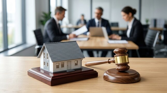 Legal concept for real estate with a house model and gavel and judge