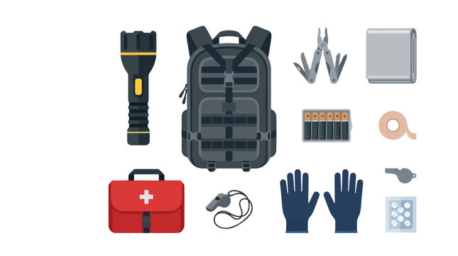 Survival equipment and emergency gear collection vector