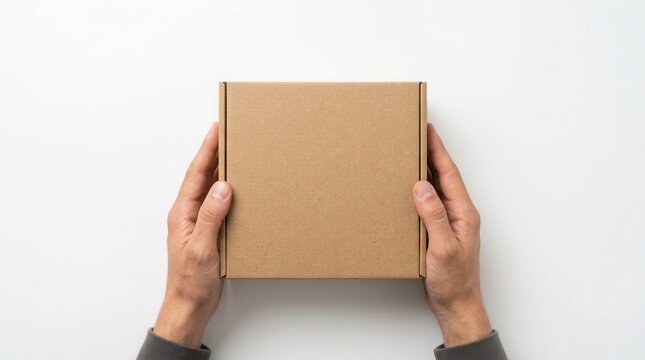 Blank brown parcel packaging container held by hands from a top view perspective, ideal for shipping banner designs and e-commerce delivery mockups.