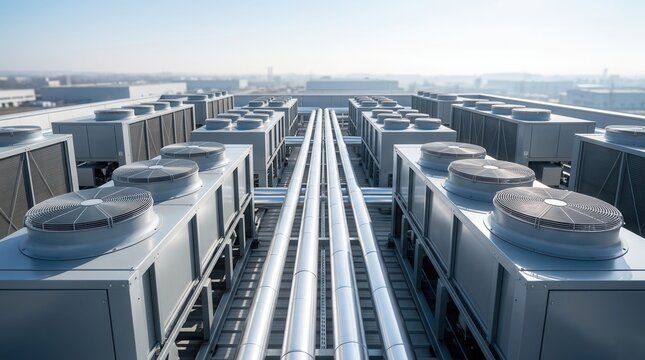 Insulated piping and modern metallic ventilation chillers of industrial HVAC units on a commercial rooftop for energy-efficient climate control.