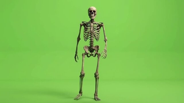 Skeleton Performing Exaggerated Confident Power Stride in Place.