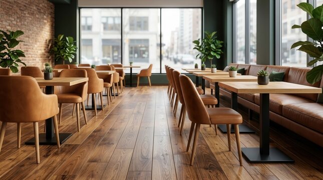 Inviting modern caf&eacute; interior with natural decor accents, polished wood floors, and comfortable upholstered seating