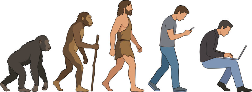 Human evolution concept vector illustration from ape and caveman to modern technology smartphone user sitting with laptop