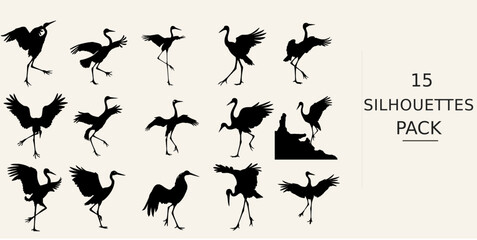 Fototapeta premium Crane Bird Dancing Silhouette - Full Body View Bold Black Shape Black Vector Clipart on White Background