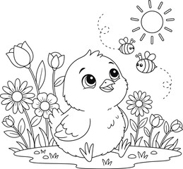 Fototapeta premium Cute Baby Bird in Flower Garden with Bumblebee Coloring Page, Whimsical Spring Nature Scene with Daisies, Tulips and Sunshine