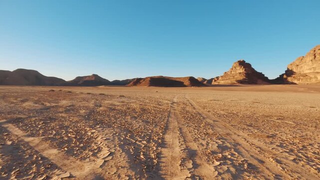 Driving in Wadi Rum at afternoon, car goes over sandy desert, sandstone sunlit mountains background distance, pov video