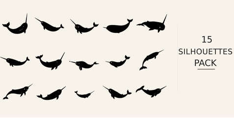 Narwhal Swimming Silhouette - Angular Shape Solid Black Silhouette Black Vector Clipart on White Background © 99___Designer