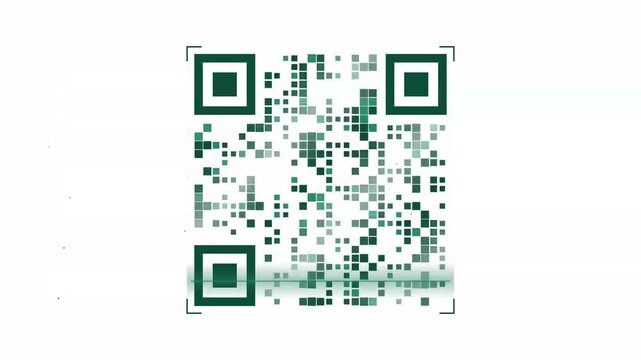Green QR code with a scanning laser line effect on white background for technology concepts