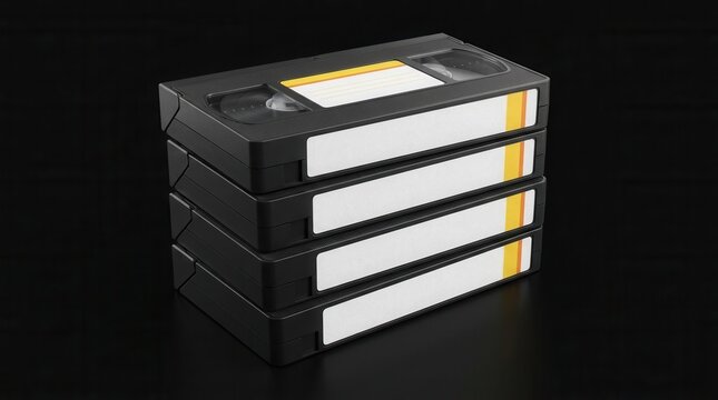 Retro VHS tapes in a stack positioned on a black background.