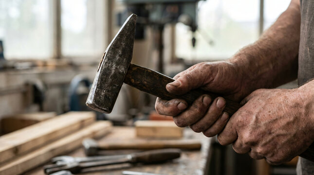 Dirty hands of a craftsman holding a steel hammer in a carpentry workshop