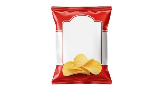 Red snack bag with golden potato chips for food packaging design template