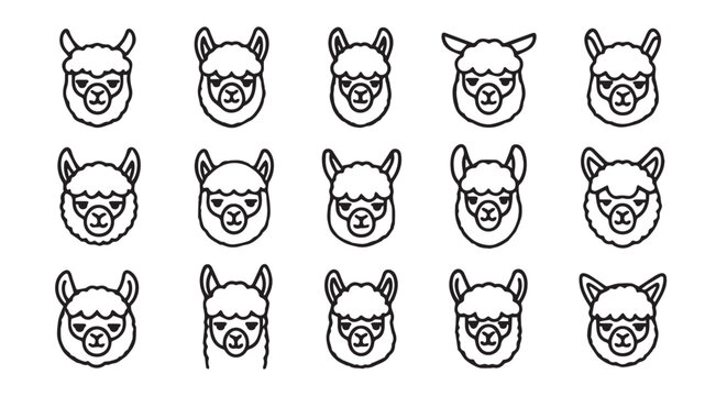 Various Alpaca Faces in Simple Outline Style on White Background