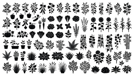 Fototapeta premium Black Flower Silhouette Vector Set Featuring Floral Elements, Leaves, Botanical Ornaments, Nature Icons and Seamless Pattern Designs for Decorative Art and Vintage Decoration