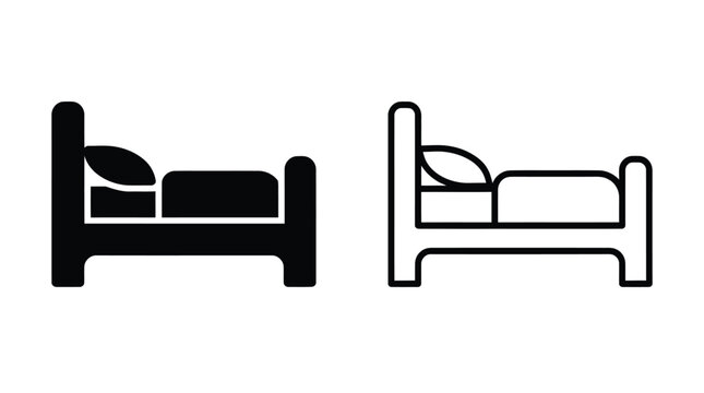 Bed icon. Bedroom furniture symbol. Sleep sign. Hotel room pictogram for hospitality, accommodation booking, mattress store, home decor, travel website and mobile app design.