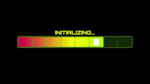 A digital loading bar with the word initializing displayed in a retro green pixel font on a Transparent  screen for computer system startup concepts