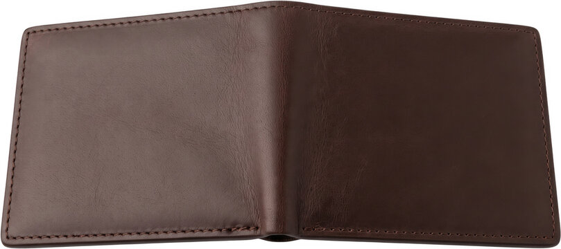 Open brown genuine leather bifold wallet