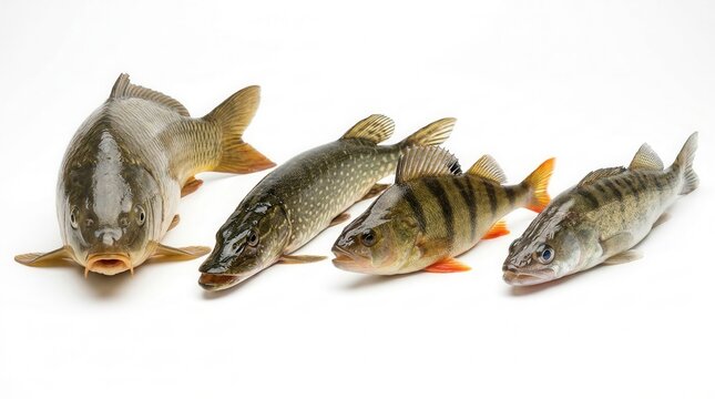 Carp, pike, perch, and zander freshwater fish set isolated on white background for fishing guides and menus