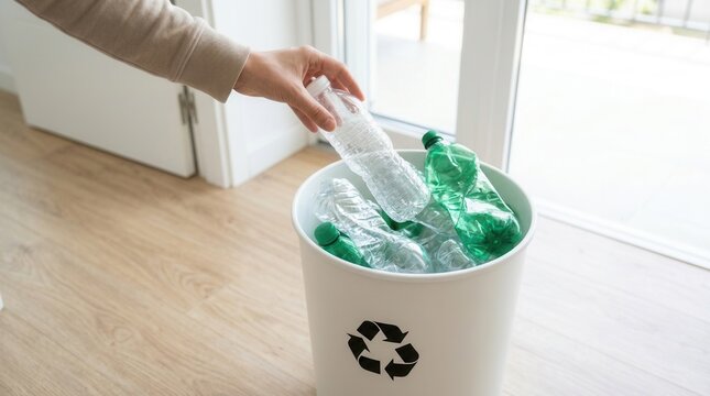 A recycling bin on a wooden floor filled with clear and green containers, showing a plastic bottle being thrown in for domestic waste management and sustainable living