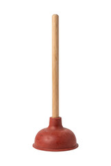Red rubber toilet plunger with wooden handle © OP:banana