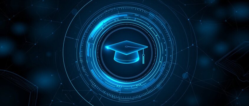 Graduation cap education technology digital blue hologram learning school future network symbol in circular interface with abstract connection on dark background