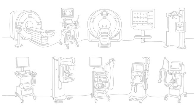 Medical Equipment Line Art Collection, Diagnostic Imaging Machines, Patient Monitoring Devices, Surgical Tools, Healthcare Technology Vector Set