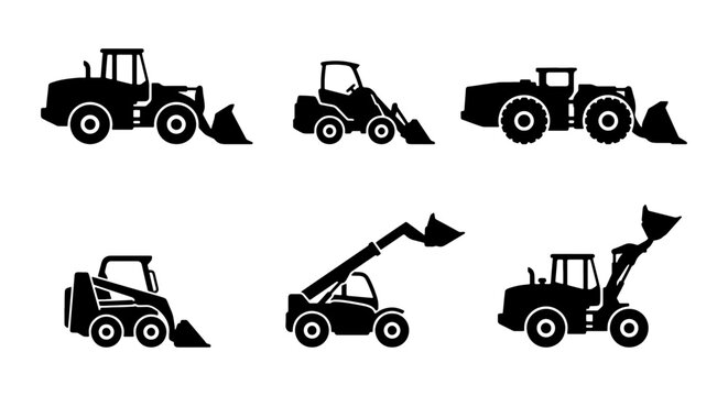Construction Vehicle Icons Set, Heavy Machinery Silhouettes, Industrial Equipment Vector Graphics, Earth Mover Collection 4k