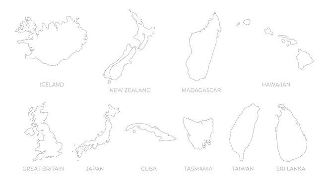 World Map Outlines Collection: Iceland, New Zealand, Madagascar, Hawaii, Great Britain, Japan, Cuba, Tasmania, Taiwan, Sri Lanka Vector Icons
