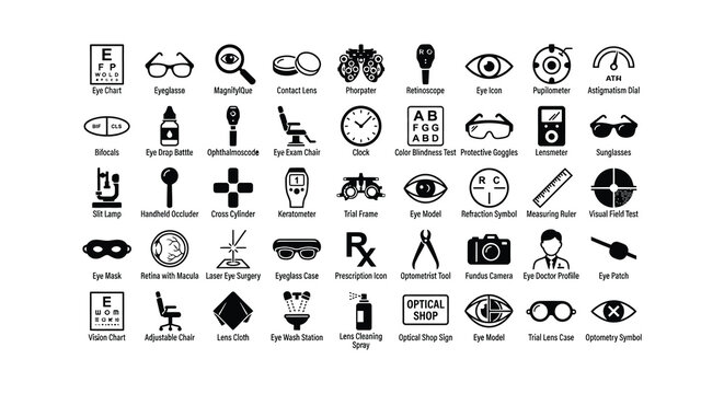 Collection of flat vector icons representing ophthalmology and optometry tools