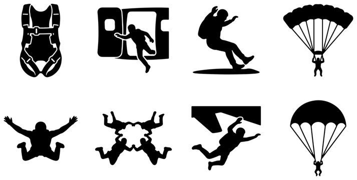 Skydiving Icons Set, Parachute Jumps, Extreme Sports Silhouettes, Vector Graphics for Adventure and Adrenaline