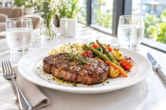 Grilled steak with rice and roasted vegetables served on white plate at elegant restaurant, fine dining meal with water glasses and flowers, gourmet lunch concept