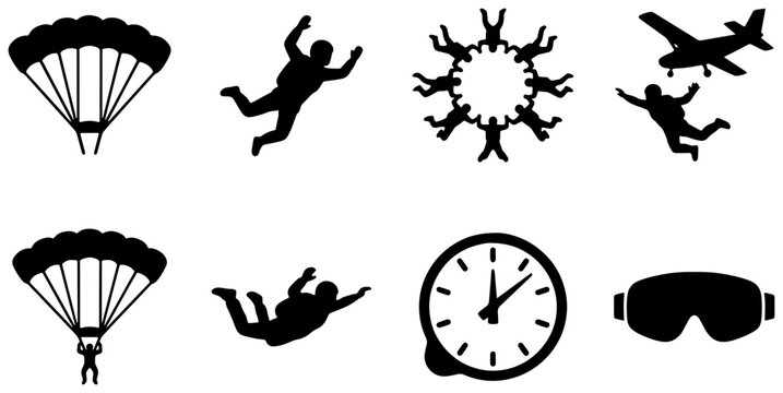 Skydiving Icons Set: Parachutes, Freefall Jumpers, Formation, Airplane, Clock, Goggles | Vector Graphics for Extreme Sports & Adventure