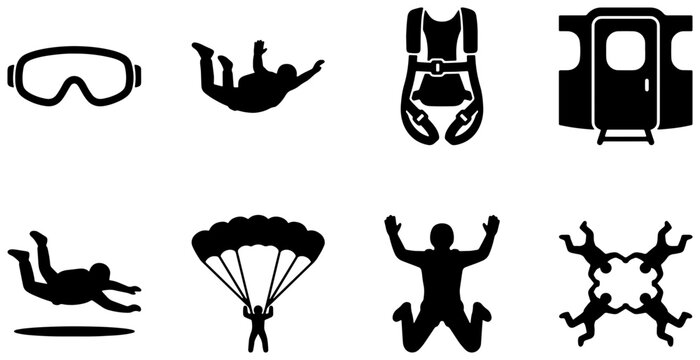 Skydiving Icons Set: Parachuting, Jumpsuit, Goggles, Freefall, Tandem, Formation Flying, Vector Graphics for Extreme Sports and Adventure