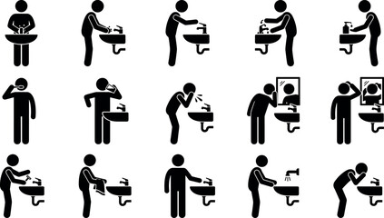 Set of icons representing daily personal hygiene activities at the bathroom sink © RATANCHANDRA