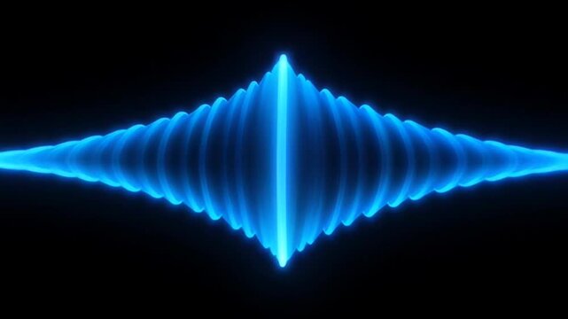 Blue Energy Wave: A dynamic, symmetrical blue energy wave pulsates against a dark background, showcasing a powerful, abstract representation of sound or energy.