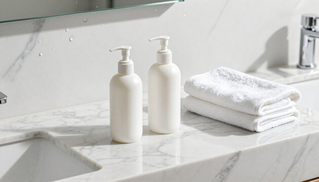 Skincare products and towel arranged on a marble bathroom counter