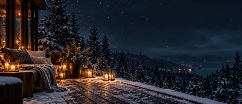 snowy wooden cabin terrace with glowing lanterns, candles, blankets and pillows overlooking dark winter forest and lake at night