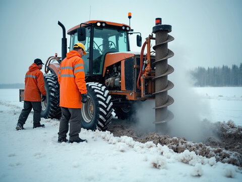 Workers drilling frozen ground with heavy auger in winter