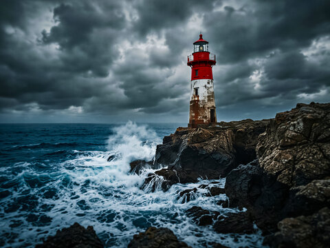 A weathered red and white lighthouse stands on a rocky coastline amidst crashing waves under a dramatic, stormy grey sky.