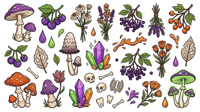 Magic mushrooms and crystals vector set containing icons for purple toadstool healing crystal skull bone dried herb bundle elderberry chamomile and autumn leaf for occult design