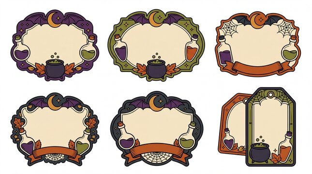 Halloween potion labels and wizard tags vector illustration containing magic bottles bubbling cauldrons crescent moons and spider webs for spooky season craft projects and party invitations