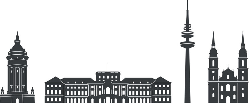 Mannheim city skyline landmarks vector illustration set featuring water tower baroque palace television tower and jesuit church