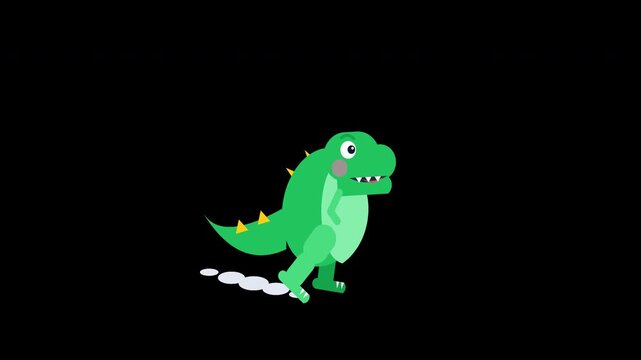 Clean 2D flat vector motion graphic of a friendly T-Rex staying in the center of the screen, running enthusiastically in place with its tiny arms pumping and legs moving quickly, featuring funny squas