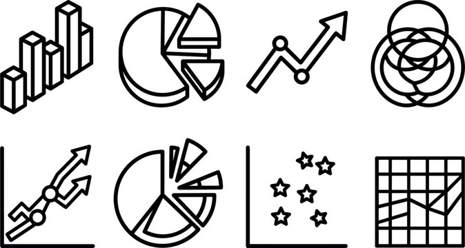 Set of various business and data analysis chart icons including bar graphs, pie charts, line trends, and scatter plots