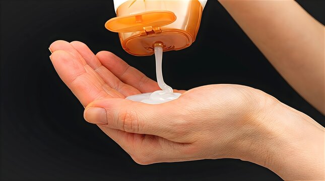 Close up of hand squeezing white moisturiser cream or sunscreen lotion from orange bottle cap onto palm skincare application hygiene body care product photography concept image.  